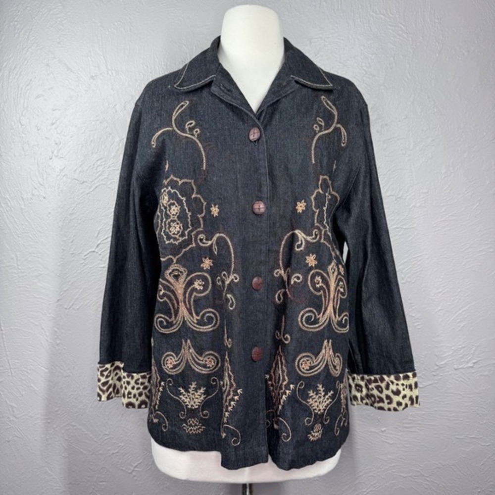 Stonebridge‎ Women's Med Dark wash button jacket brown embroidery Bohomian